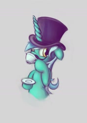 Size: 1321x1855 | Tagged: safe, artist:maxtaka, character:lyra heartstrings, species:pony, species:unicorn, classy, clothing, female, floppy ears, gray background, hat, mare, moustache, simple background, solo, tea, top hat