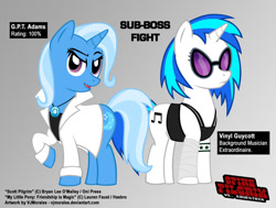 Size: 900x679 | Tagged: safe, artist:vjmorales, character:dj pon-3, character:trixie, character:vinyl scratch, species:pony, species:unicorn, female, gradient background, mare, open mouth, raised hoof, scott pilgrim vs the world