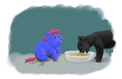 Size: 1280x832 | Tagged: safe, artist:russian_hugboxer, animals vs fluffies, cat, fluffy pony, fluffy pony original art, urine