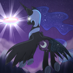 Size: 900x891 | Tagged: safe, artist:stalkerpony, character:nightmare moon, character:princess luna, female, fight, flying, magic, scene interpretation, solo