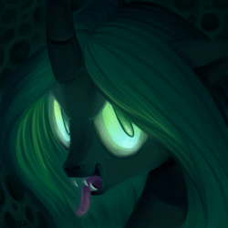 Size: 900x900 | Tagged: safe, artist:dzmaylon, character:queen chrysalis, species:changeling, changeling queen, close-up, dark, fangs, female, glowing eyes, kitchen eyes, licking lips, looking at you, solo, tongue out