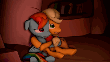 Size: 384x216 | Tagged: safe, artist:nutrafin, character:applejack, character:rainbow dash, 3d, animated, female, parody, ponies: the anthology 3, ren and stimpy, scared, shaking, source filmmaker