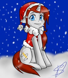 Size: 836x955 | Tagged: safe, artist:renniksarts, oc, oc only, species:pony, species:unicorn, clothing, freckles, hat, looking at you, santa hat, snow, snowfall, solo