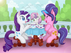 Size: 6151x4609 | Tagged: safe, artist:auveiss, character:cookie crumbles, character:rarity, character:sweetie belle, absurd resolution, cup, cute, fluffy, heart, sitting, table, tea, tea party