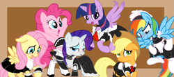Size: 1063x472 | Tagged: safe, artist:hentman, character:applejack, character:fluttershy, character:pinkie pie, character:rainbow dash, character:rarity, character:twilight sparkle, character:twilight sparkle (alicorn), species:alicorn, species:pony, blushing, clothing, female, fluttermaid, maid, maidity, maidjack, maidlight sparkle, mane six, mare, pinkie maid, rainbow maid, skirt