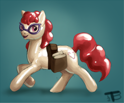 Size: 680x562 | Tagged: safe, artist:trunchbull, edit, character:twist, book, female, glasses, latex, rubber, saddle bag, shiny, solo