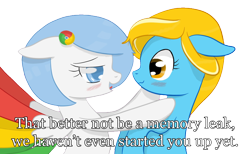 Size: 1504x926 | Tagged: safe, artist:xeirox, edit, oc, oc only, oc:google chrome, oc:internet explorer, species:earth pony, species:pegasus, species:pony, blushing, browser ponies, caption, exploitable meme, female, google chrome, interchrome, interchrome meme, internet browser, internet explorer, lesbian, lesbian pony internet browsers, looking at each other, mare, meme, oc x oc, shipping