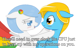 Size: 1504x926 | Tagged: safe, artist:xeirox, edit, oc, oc only, oc:google chrome, oc:internet explorer, species:earth pony, species:pegasus, species:pony, blushing, browser ponies, caption, exploitable meme, female, google chrome, interchrome, interchrome meme, internet browser, internet explorer, lesbian, lesbian pony internet browsers, looking at each other, mare, meme, oc x oc, shipping