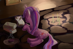 Size: 1536x1024 | Tagged: safe, artist:khyperia, character:twilight sparkle, character:twilight sparkle (unicorn), species:pony, species:unicorn, book, candle, female, magic, mare, prone, quill, solo, telekinesis, writing