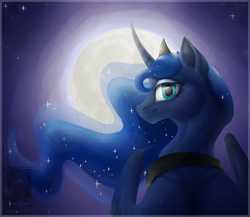 Size: 1024x887 | Tagged: safe, artist:chubby-kirin, character:princess luna, species:alicorn, species:pony, ethereal mane, female, galaxy mane, looking at you, mare, moon, smiling, solo, stars