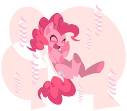 Size: 1000x875 | Tagged: safe, artist:yoh yoshinari, part of a set, character:pinkie pie, species:earth pony, species:pony, g4, cutie mark background, eyes closed, female, lineless, mare, open mouth, solo, streamers, underhoof