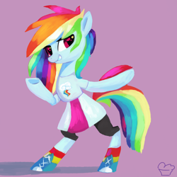 Size: 3000x3000 | Tagged: dead source, safe, artist:aaplepieeru, character:rainbow dash, species:pony, abstract background, bipedal, clothing, equestria girls outfit, female, high res, looking at you, mare, rainbow socks, shoes, simple background, skirt, sneakers, socks, solo, striped socks, underhoof, wingless