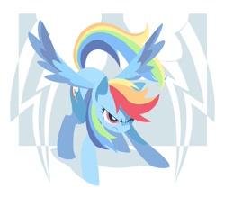 Size: 1000x875 | Tagged: safe, artist:yoh yoshinari, part of a set, character:rainbow dash, species:pegasus, species:pony, g4, action pose, cutie mark, cutie mark background, female, flying, hooves, lineless, mare, one eye closed, solo, spread wings, wings