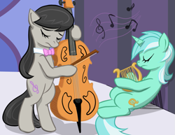 Size: 857x661 | Tagged: safe, artist:explosivegent, character:lyra heartstrings, character:octavia melody, cello, lyre, musical instrument