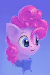 Size: 630x931 | Tagged: safe, artist:icefairy64, character:pinkie pie, species:pony, blue background, clothing, cute, diapinkes, female, head, mare, open mouth, portrait, scarf, simple background, solo