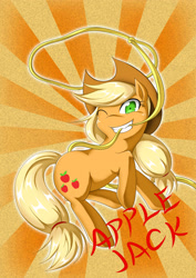 Size: 2480x3507 | Tagged: safe, artist:zaiyaki, character:applejack, species:earth pony, species:pony, female, high res, lasso, mouth hold, one eye closed, solo