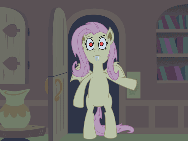 Size: 600x450 | Tagged: safe, artist:digitaldasherbot, character:flutterbat, character:fluttershy, species:bat pony, species:pony, episode:bats!, g4, my little pony: friendship is magic, animated, bipedal, crossover, door, fangs, female, glowing eyes, graveyard shift, light switch, looking at you, nosferatu, orlok, parody, race swap, reference, solo, spongebob squarepants, vampony