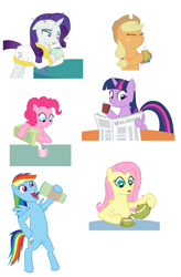 Size: 900x1374 | Tagged: safe, artist:digitaldasherbot, character:applejack, character:fluttershy, character:pinkie pie, character:rainbow dash, character:rarity, character:twilight sparkle, bathrobe, clothing, coffee, mane six, morning, morning ponies, newspaper, robe, sugar (food), tea, teapot