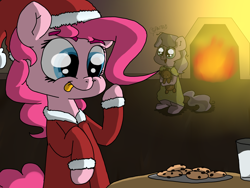 Size: 1600x1200 | Tagged: safe, artist:natalistudios, character:diamond tiara, character:pinkie pie, bed mane, clothing, cookie, nightgown, santa costume, teddy bear