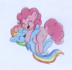 Size: 500x484 | Tagged: safe, artist:missmagikarp, character:pinkie pie, character:rainbow dash, species:pony, ship:pinkiedash, cuddling, cute, eyes closed, female, happy, hug, lesbian, on back, open mouth, shipping, simple background, smiling, snuggling, white background