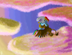 Size: 2500x1932 | Tagged: safe, artist:chaosdrop, character:gilda, character:rainbow dash, species:griffon, species:pegasus, species:pony, episode:griffon the brush-off, g4, my little pony: friendship is magic, cloud, cloudy, comicstudio, duo, duo female, eyes closed, female, hooves, hug, mare, on a cloud, sky, wings
