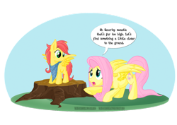 Size: 1024x724 | Tagged: safe, artist:thephoebster, character:fluttershy, oc, oc:suncrisp, parent:big macintosh, parent:fluttershy, parents:fluttermac, bandana, dialogue, fluttermom, flying lesson, frown, offspring, speech bubble, spread wings, wings, worried
