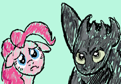 Size: 538x374 | Tagged: safe, artist:ridleywolf, character:pinkie pie, green background, how to train your dragon, sad, simple background, toothless the dragon