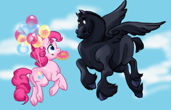 Size: 1374x886 | Tagged: safe, artist:bedupolker, character:pinkie pie, species:earth pony, species:pony, balloon, blackjack, crossover, donut, floating, flying, frown, heroes of olympus, looking at each other, mouth hold, percy jackson and the olympians, smiling, spread wings, then watch her balloons lift her up to the sky, underhoof, unshorn fetlocks, wings