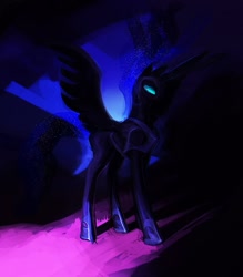 Size: 900x1028 | Tagged: safe, artist:makkon, character:nightmare moon, character:princess luna, species:alicorn, species:pony, dark, female, glowing eyes, mare, solo, spread wings, wings