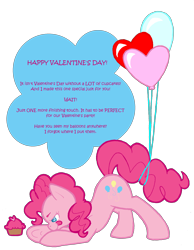 Size: 1706x2201 | Tagged: safe, artist:slightinsanity, character:pinkie pie, species:earth pony, species:pony, balloon, cupcake, female, food, holiday, simple background, solo, tongue out, transparent background, valentine's day