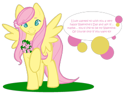Size: 1651x1263 | Tagged: safe, artist:slightinsanity, character:fluttershy, species:pegasus, species:pony, colored, female, flower, flower in hair, holiday, one hoof raised, simple background, smiling, solo, transparent background, valentine's day