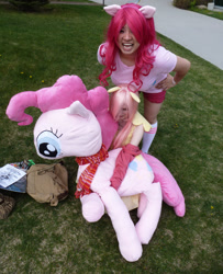 Size: 810x1000 | Tagged: safe, artist:kitara88, character:fluttershy, character:pinkie pie, species:human, cosplay, giant plushie, irl, irl human, photo, plushie