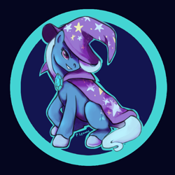 Size: 750x750 | Tagged: safe, artist:purplelemons, character:trixie, species:pony, species:unicorn, abstract background, cape, clothing, female, hat, mare, smiling, solo, trixie's cape, trixie's hat