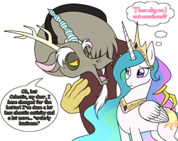 Size: 602x480 | Tagged: safe, artist:weirdofish, character:discord, character:princess celestia, concerned, talking