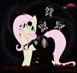 Size: 2480x2343 | Tagged: safe, artist:rhanite, character:fluttershy, species:pegasus, species:pony, anima banner, black background, crossover, exalted, female, high res, mare, simple background, solo, stitched mouth