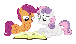 Size: 5000x2879 | Tagged: safe, artist:delectablecoffee, character:scootaloo, character:sweetie belle, species:pegasus, species:pony, species:unicorn, book, duo, duo female, female, reading, simple background, transparent background, vector