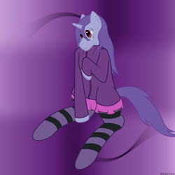 Size: 2000x2000 | Tagged: safe, artist:midnight groove, oc, oc only, oc:midnight groove, clothing, crossdressing, embarrassed, explicit source, hoodie, simple background, skirt, socks, solo, striped socks