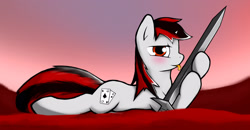 Size: 2280x1189 | Tagged: safe, artist:makc-hunter, oc, oc only, oc:blackjack, species:pony, species:unicorn, fallout equestria, fallout equestria: project horizons, blade lick, blushing, cutie mark, fanfic, fanfic art, female, hooves, horn, licking, lying down, mare, prone, solo, sword, tongue out