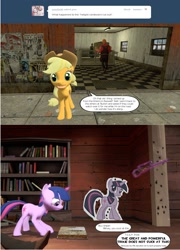 Size: 1297x1800 | Tagged: safe, artist:geronkizan, character:applejack, character:trixie, character:twilight sparkle, ask applejack and red engineer, blu, cardboard cutout, cardboard twilight, engineer, gmod, red, sniper, team fortress 2, tumblr, tumblr comic