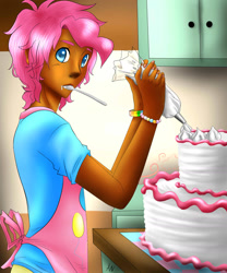 Size: 1280x1536 | Tagged: safe, artist:animecreator, character:pinkie pie, species:human, g4, apron, ask a bishonen pony, bubble berry, cake, clothing, dark skin, frosting, humanized, male, mouth hold, rule 63, solo