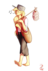 Size: 500x750 | Tagged: safe, artist:explosivegent, character:applejack, barefoot, barefooting, clothing, eyes closed, feet, female, hat, humanized, johnny appleseed, music notes, pot, simple background, smiling, solo, transparent background, walking