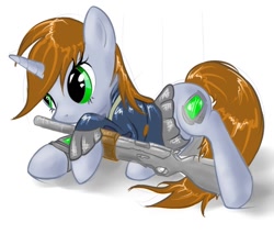 Size: 657x560 | Tagged: safe, artist:nyashaponyasha, oc, oc only, oc:littlepip, species:pony, species:unicorn, fallout equestria, clothing, cute, fanfic, fanfic art, female, glowing horn, gun, hooves, horn, levitation, magic, mare, pipabetes, pipbuck, simple background, solo, telekinesis, vault suit, weapon, white background
