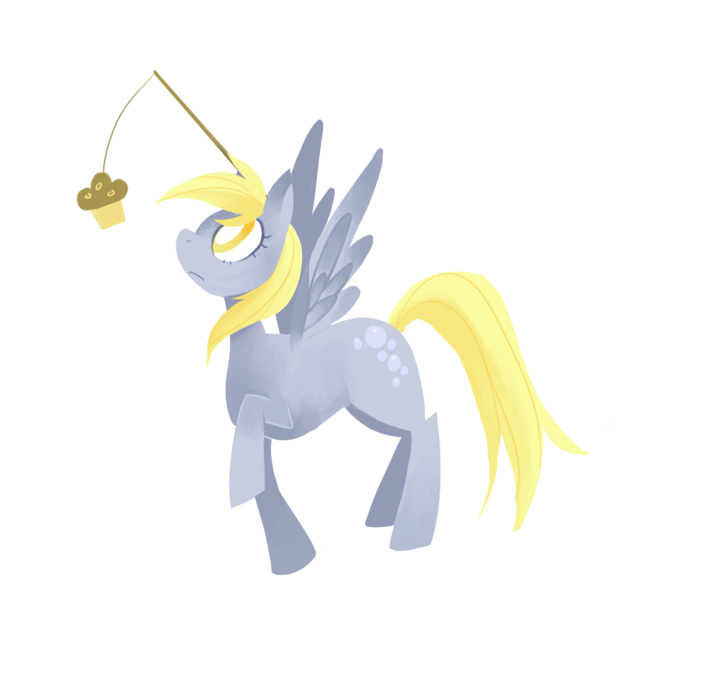 Size: 1006x970 | Tagged: safe, artist:starrypon, character:derpy hooves, species:pegasus, species:pony, :o, animated, carrot on a stick, cute, derpabetes, eyes on the prize, female, good trick, mare, muffin, solo, spinning, spread wings, standing, turning, wings