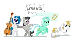 Size: 800x460 | Tagged: safe, artist:gimpcowking, character:dj pon-3, character:lyra heartstrings, character:octavia melody, character:prince blueblood, character:vinyl scratch, blueabuse, cello, lyre, musical instrument