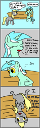 Size: 561x1780 | Tagged: safe, artist:roflpony, character:derpy hooves, character:lyra heartstrings, species:pegasus, species:pony, species:unicorn, bench, comic, duo, eyes closed, sitting, upside down