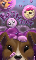 Size: 3000x5000 | Tagged: safe, artist:bluest-ayemel, character:apple bloom, character:scootaloo, character:sweetie belle, character:winona, bath, bubble, cover, cutie mark crusaders, fanfic art, fanfic cover, frown, reflection, surreal
