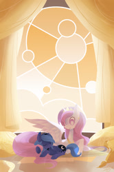 Size: 1198x1808 | Tagged: dead source, safe, artist:starrypon, character:princess celestia, character:princess luna, bright, duo, female, filly, morning, pink-mane celestia, sisters, woona, younger