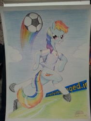 Size: 1024x1365 | Tagged: safe, artist:aerialift, character:rainbow dash, species:pegasus, species:pony, ball, clothing, female, football, football field, grass, grass field, mare, running, semi-anthro, shoes, signature, sneakers, socks, solo, sports, traditional art