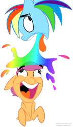 Size: 1077x1888 | Tagged: safe, artist:themarquisofdorks, character:rainbow dash, character:scootaloo, species:pegasus, species:pony, abuse, duo, female, filly, mare, puking rainbows, scootabuse, scootobsession, simple background, tongue out, transparent background, vomiting, wat