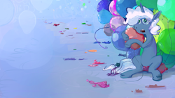 Size: 1920x1080 | Tagged: safe, artist:doctorpepperphd, character:pokey pierce, balloon, balloon popping, balloon sitting, sitting, spread legs, surreal, wallpaper